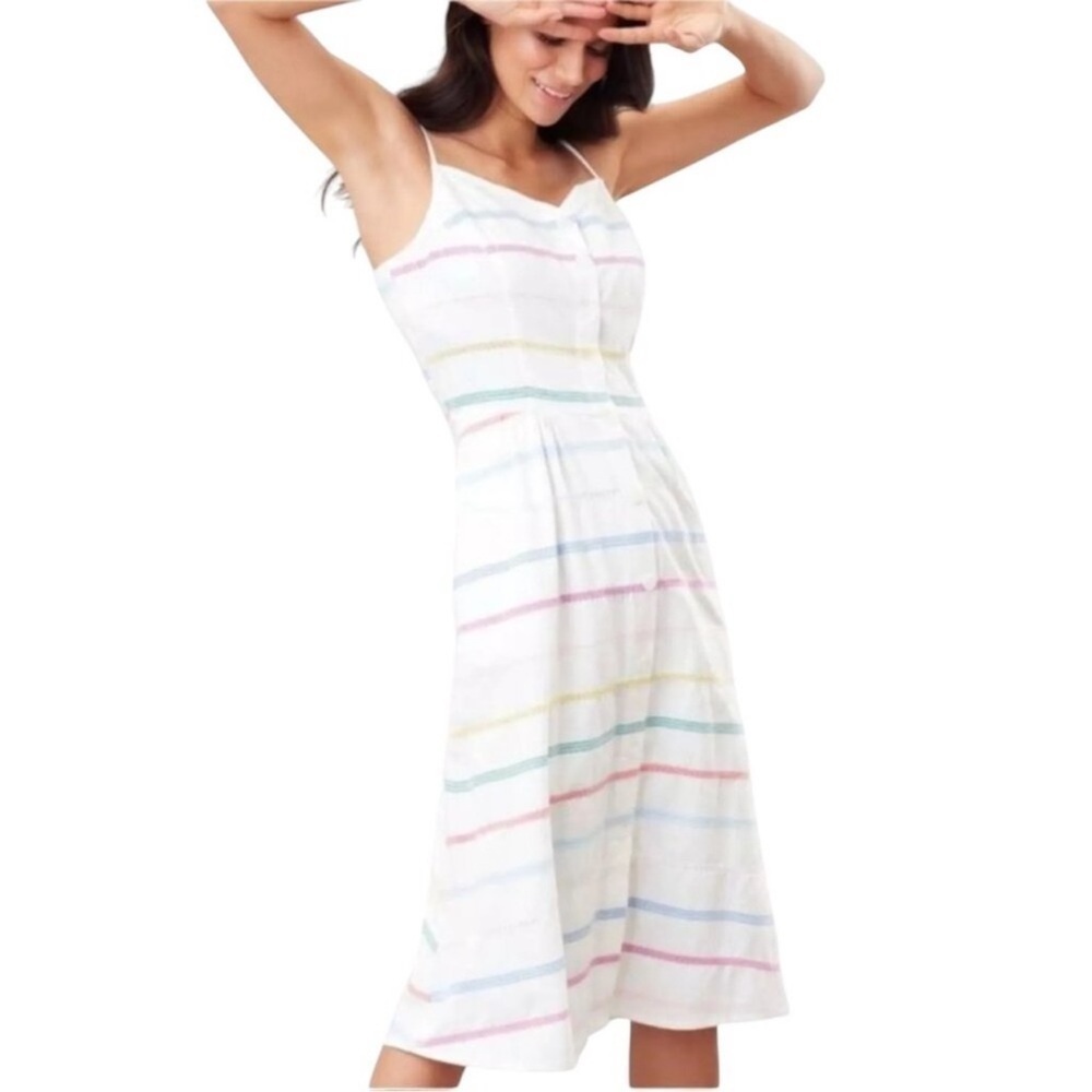 Joules White Midi Dress with Pastel Stripe Accents